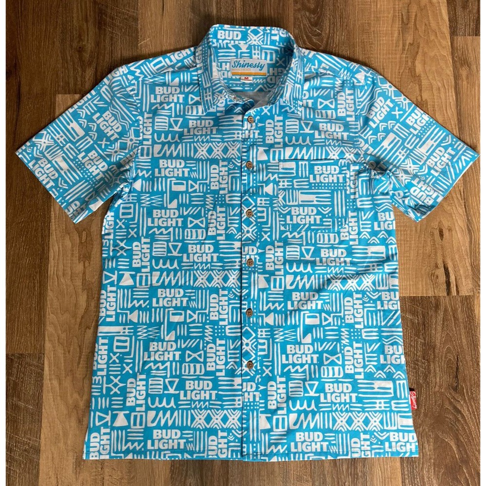 Bud Light Beer Hawaiian Button Up MEDIUM T Shirt Baby Blue Shinesty Mahalo Nerds